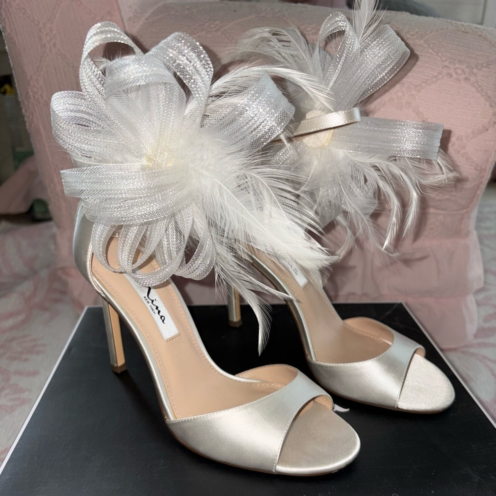 Nina White Heels with Feather Accent
